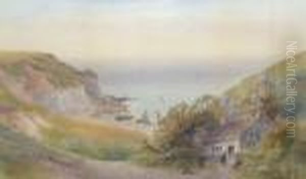 Nsa -- Figures By A Cottage With
 Cliffs And A Fishing Cove Below; Watercolour, Signed, 43x68.2cm Oil Painting by Frank Gresley