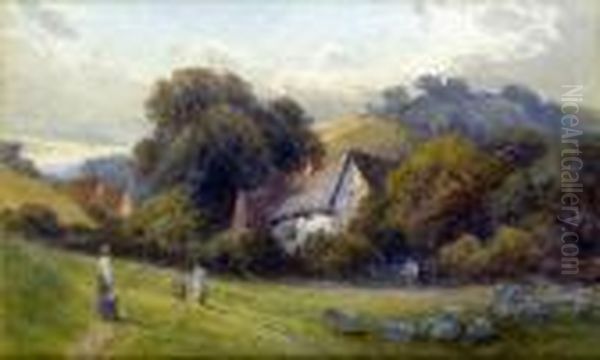 The Valley Farm, With Figures On A Rural Path And Sheep Grazing Oil Painting by Frank Gresley