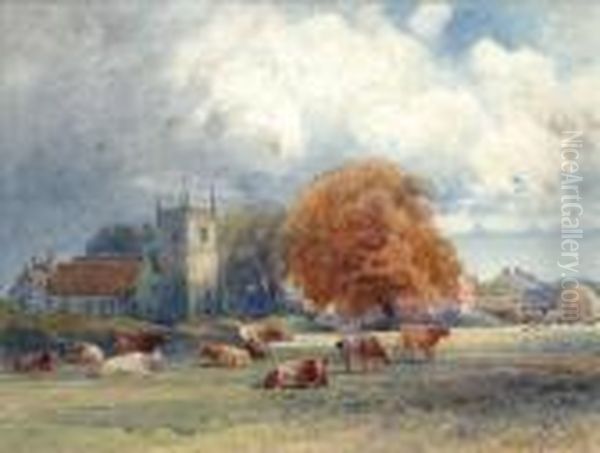 Swarkestone Church,derbyshire, A Summer Scene With Cattle Oil Painting by Frank Gresley