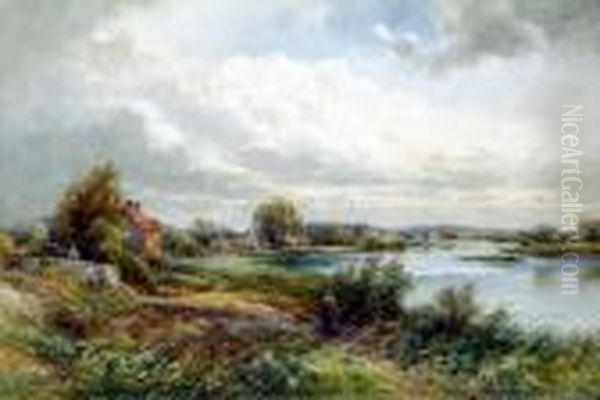 View Of The Trent At 
Swarkestone, From The Bridge, Summer Landscape With Figures And Poultry Oil Painting by Frank Gresley