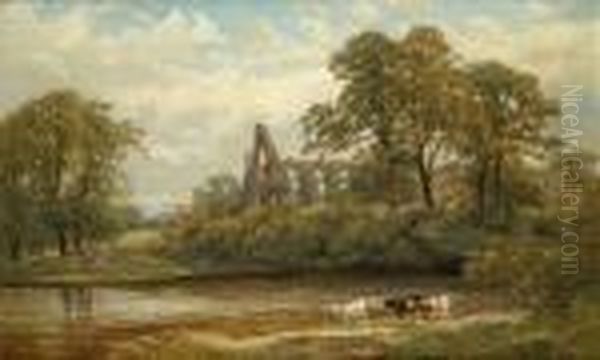 Riverlandscape With Cattle And Ruined Abbey Oil Painting by James Stephen Gresley