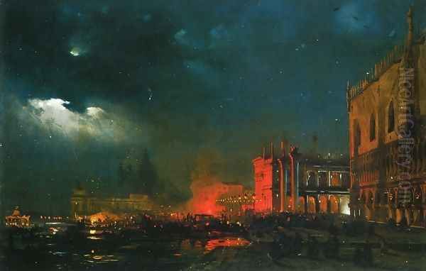 Night Festival on the Molo di San Marco upon the Feast Day of the Archduke Massimiliano d'Asborgo Oil Painting by Ippolito Caffi