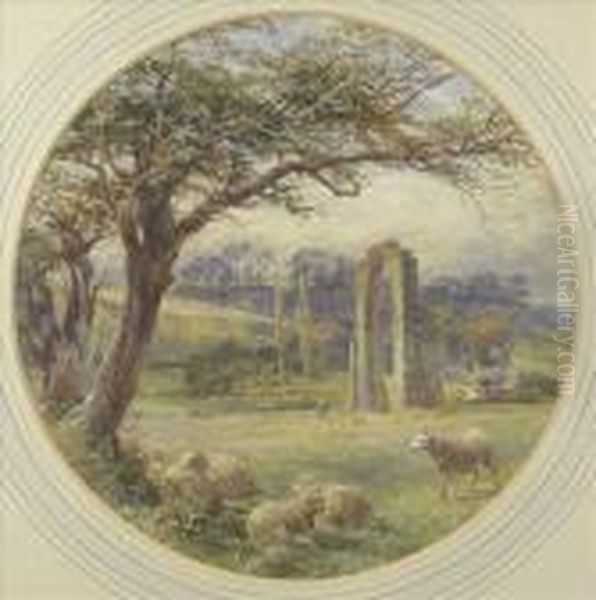 Dale Abbey,derbyshire, A Sunlit Summer Scene With Sheep, Figure And Dog By Theruins Oil Painting by James Stephen Gresley