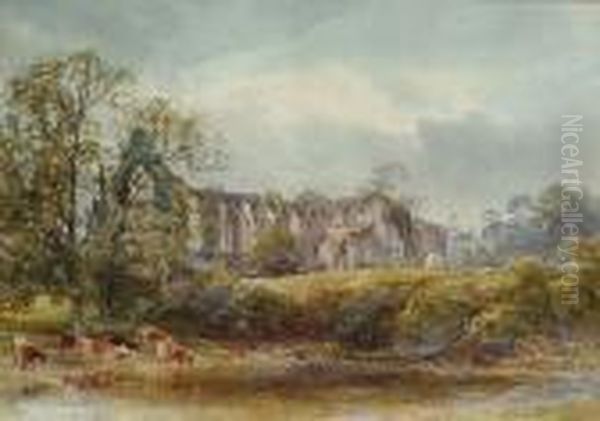 Cattle Watering By A Ruined Abbey Oil Painting by James Stephen Gresley