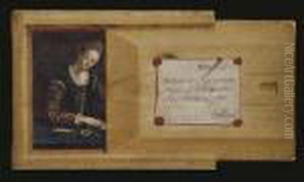 A Trompe L'oeil Of A Box, 
Half-open, With A Portrait Of A Lady, Half-length At A Ledge, Writing A 
Letter Oil Painting by Gabriel Gresly