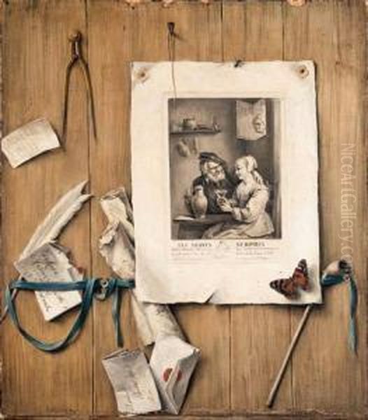 A Trompe L'oeil Of An Engraving 
Of David Teniers Ii's Surprisedlovers, Letters, A Bill, Two Scrolls, A 
Feather, A Pipe And A Pairof Callipers Attached To A Partition, With A 
Fly And Abutterfly Oil Painting by Gabriel Gresly