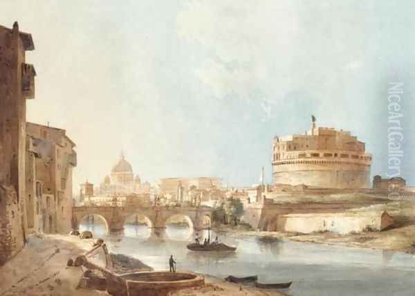 View of the Castel Sant' Angelo and St Peter's, Rome Oil Painting by Ippolito Caffi