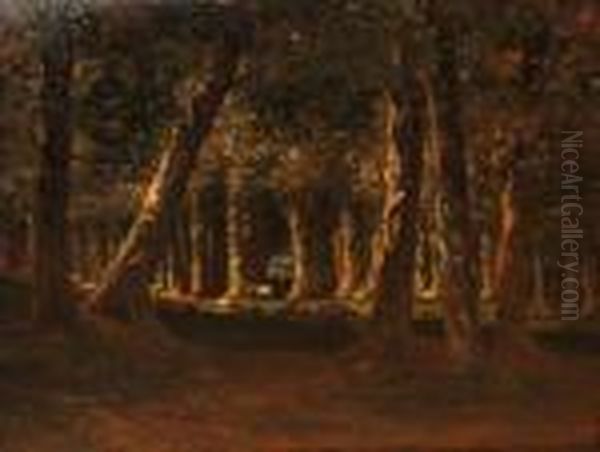 Barbizon Forest Scene With Animals Oil Painting by Prosper Gresy