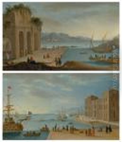 Deux Ports Italianisants Au Lever Et Au Coucher Du Soleil Oil Painting by Orazio Grevenbroeck