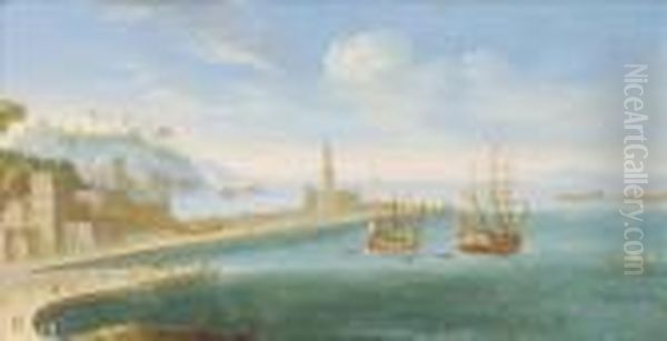 Mediterranean Harbour Scene With Vessels Atanchor Oil Painting by Orazio Grevenbroeck