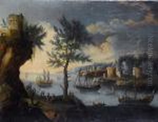 A Coastal Inlet With Shipping At
 Anchor; And Arocky Coastline With Shipping At Anchor Beyond Oil Painting by Orazio Grevenbroeck