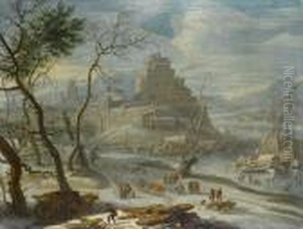 A Winter Landscape With Figures Collectingfirewood And Others Skating On A Frozen River Oil Painting by Orazio Grevenbroeck