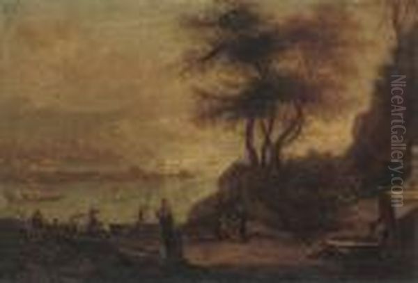 A Mediterranean Coastal Inlet With A Port Beyond Oil Painting by Orazio Grevenbroeck