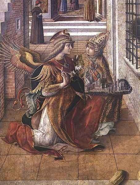 The Annunciation with St. Emidius, detail of the archangel Gabriel with the saint, 1486 Oil Painting by Carlo Crivelli