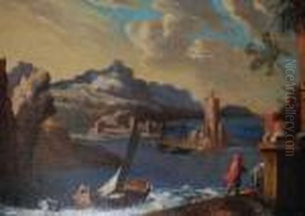 Paesaggio Marino Turrito Con Figure E Barche Oil Painting by Orazio Grevenbroeck