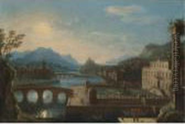 A Capriccio River Landscape With A Palace In The Foreground Oil Painting by Orazio Grevenbroeck