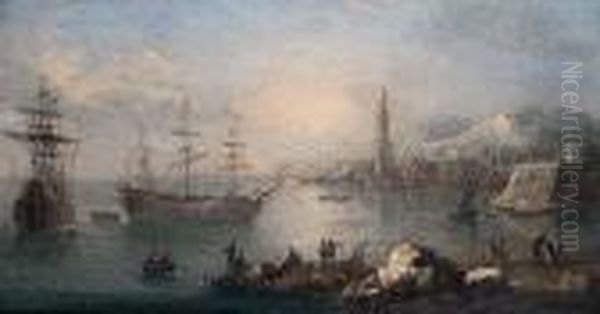 Busy Harbour Scene Oil Painting by Orazio Grevenbroeck