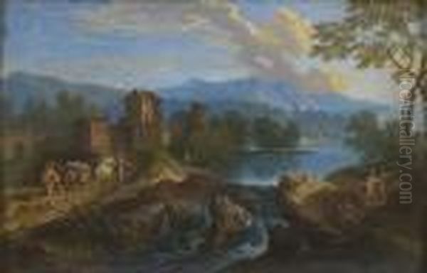 Paysage De Riviere Dans La Campagne Aux Environs De Rome Oil Painting by Orazio Grevenbroeck