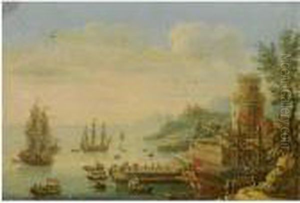 A Fortified Mediterranean Port With Men-o'-war At Anchor Oil Painting by Orazio Grevenbroeck