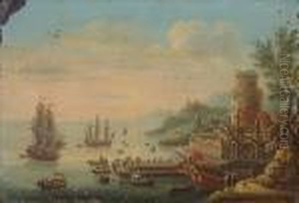 A Mediterranean Harbor Scene With Numerous Ships And Figures In The Foreground Oil Painting by Orazio Grevenbroeck