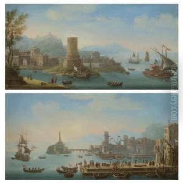 A Mediterranean Harbour Scene 
With Numerous Figures On The Quay And A Man-o-war At Anchor; A 
Mediterranean Estuary Scene With An Ottoman Barge Oil Painting by Orazio Grevenbroeck