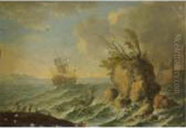 A Seascape With Shipping Off A Rocky Coastline Oil Painting by Orazio Grevenbroeck