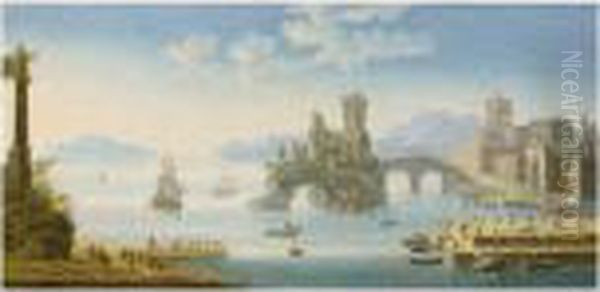 A Mediteranean Harbour Scene 
With Figures On A Shore, Near A Ruin, A Fortified Town To The Left; A 
Mediteranean Harbour Scene With Different Ships, Figures On Shore, A 
Ruin In The Centre And A Fortified Town To The Right Oil Painting by Orazio Grevenbroeck