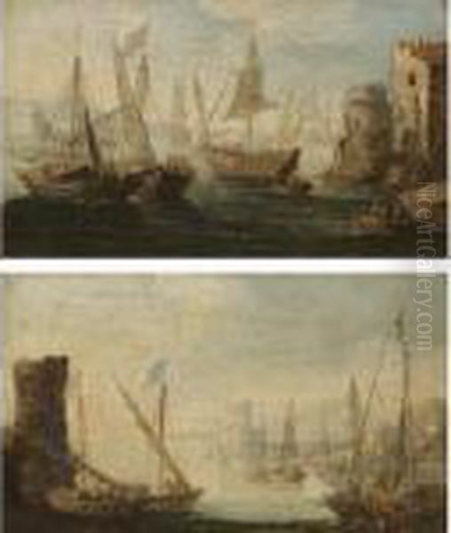 A Pair Of Mediterranean Harbour Scenes Oil Painting by Orazio Grevenbroeck