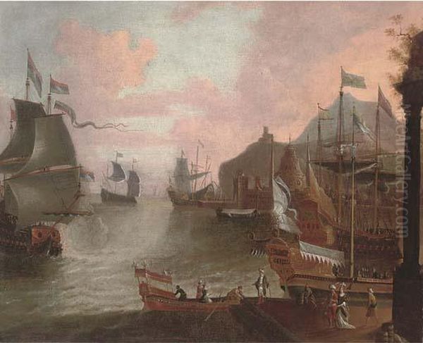 A Mediterranean Coastal Harbour With Men-o'war And Elegant Figures On The Shore Oil Painting by Orazio Grevenbroeck