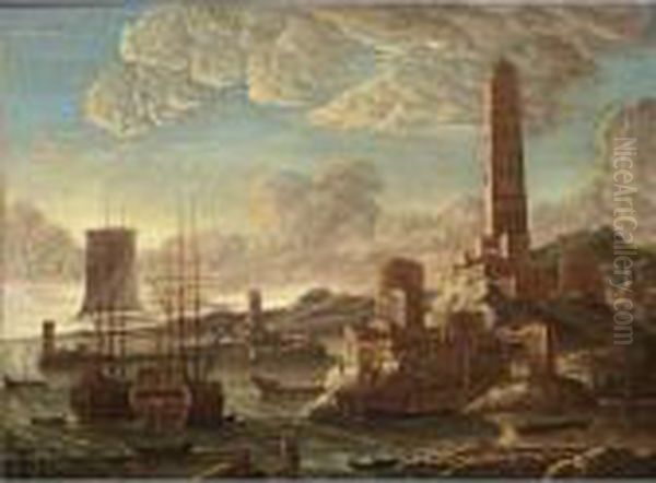 A Mediterranean Harbour Scene At
 Sunset With Sailing Vessels Moored And Figures Unloading Boats, A 
Firehouse And A Town Nearby Oil Painting by Orazio Grevenbroeck