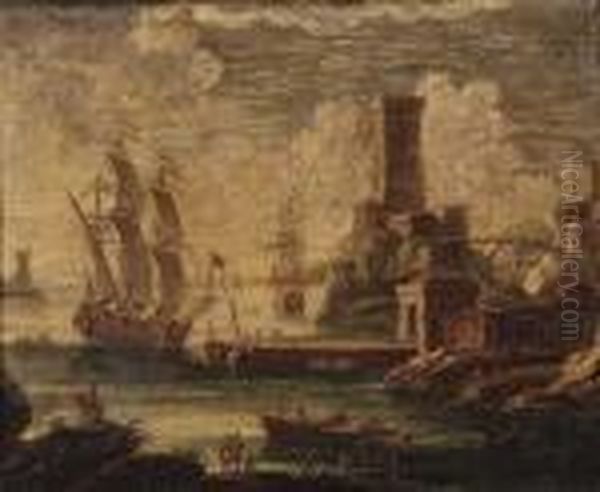 A Mediterranean Coastal Harbour With Moored Shipping Oil Painting by Orazio Grevenbroeck