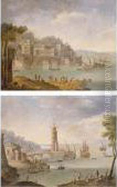 Harbour Scene With Ships By A Tower; Harbour Scene With Ships By A Fortification Oil Painting by Orazio Grevenbroeck