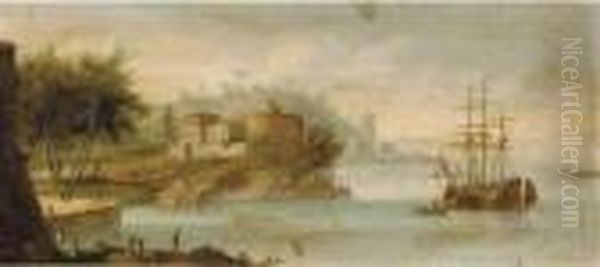 A Mediterranean Coastal Harbour; And A Mediterranean Coastal Inlet Oil Painting by Orazio Grevenbroeck