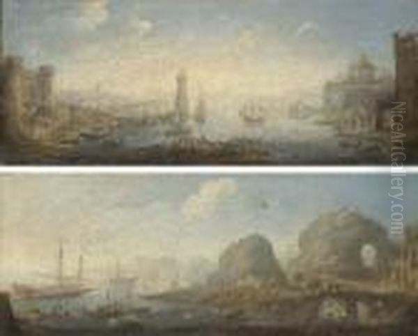 A Mediterranean Harbour With A Fortified Castle And A Temple Oil Painting by Orazio Grevenbroeck