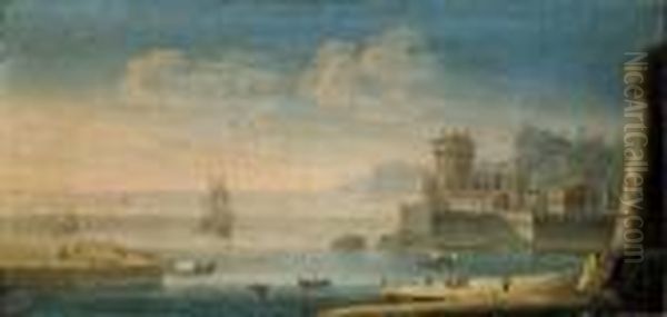 Marina Mediterranea Con Fortificazioni Costiere, Un Vascello Evarie Lance Alla Rada Oil Painting by Orazio Grevenbroeck