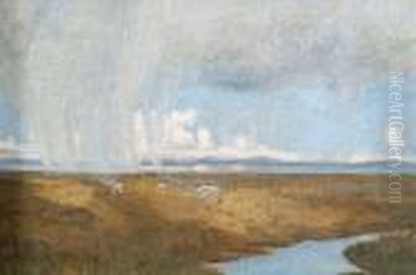 Salt Marsh Sheep On A Showery Day Oil Painting by Louis Monro Grier