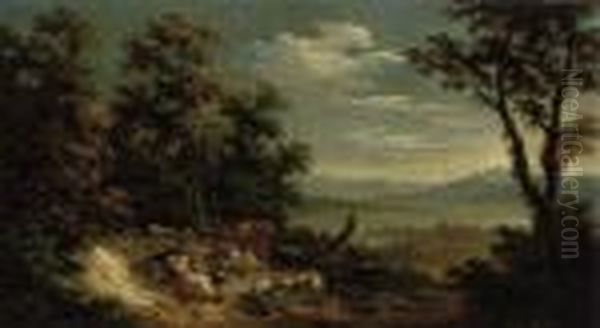 A Wooded Landscape With Resting Shepherds And Cattle, Sheep And Adog Oil Painting by Jan Griffier I