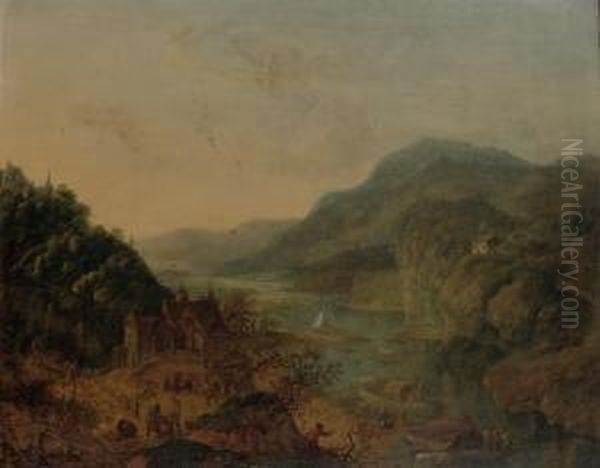 An Extensive Mountainous River Landscape With Activities Near Thewater Oil Painting by Jan Griffier I