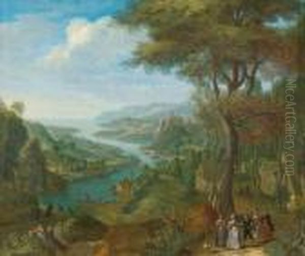 Bewaldete Fluslandschaft Mit Einer Burganlage Und Figuren Oil Painting by Jan Griffier I