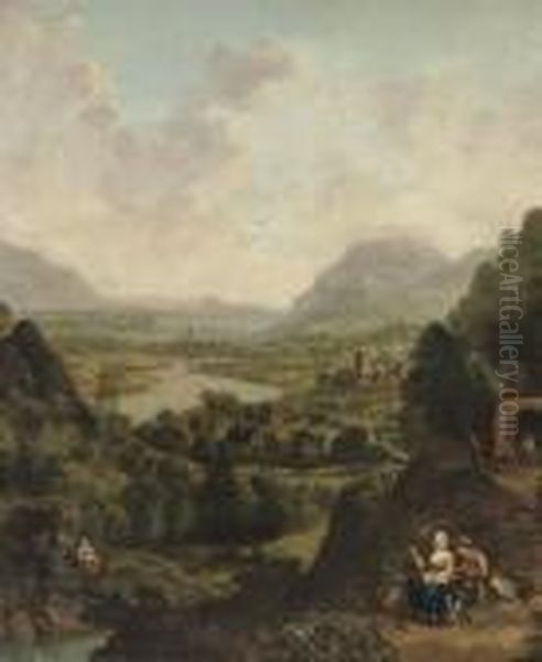 A Rhenish River Landscape With 
Figures Travelling And Conversing Beside A Track, A City Beyond Oil Painting by Jan Griffier I