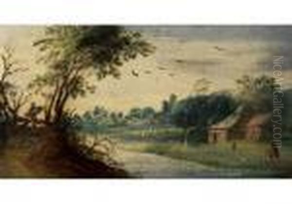 Kleine Niederlandische 
Landschaft Mit Flusslauf, Strohgedeckten Hausern Und Figurenstaffage Oil Painting by Jan Griffier I