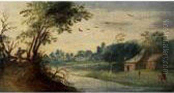 Kleine Niederlandische 
Landschaft Mit Flusslauf, Strohgedecktenhausern Und Figurenstaffage Oil Painting by Jan Griffier I