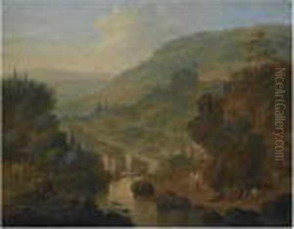 A Fluvial Landscape With Figures Conversing In The Foreground Oil Painting by Jan Griffier I