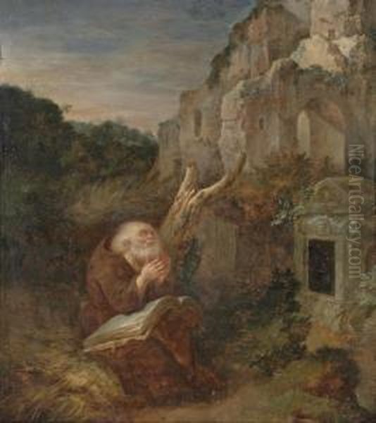 A Hermit Praying Before A Tomb, A Landscape With Ruins Beyond Oil Painting by Jan Griffier I