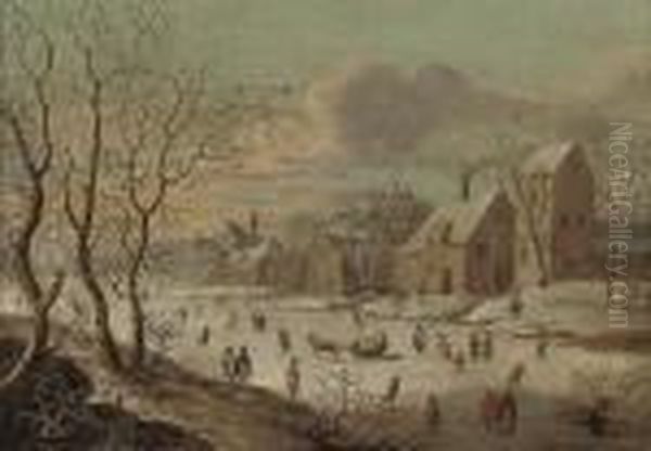 A Frozen River Landscape With Figures Playing Kolf, By A Village Oil Painting by Jan Griffier I