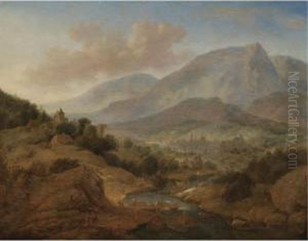 An Extensive Rhenish River 
Landscape, With Figures Unloading Cargo Boats In The Foreground Oil Painting by Jan Griffier I