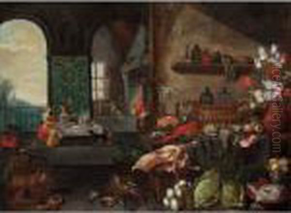 A Kitchen Still Life With A Ham 
And Herring On Silver Plates, A Sugar Jar, A Lobster, Bread, Pheasants, 
Apples, Flowers In A Vase, And Two Glass Bottles In A Silver-gilt Bowl, 
All On A Table, Together With A Peacock, A Bunch Of Turnip-rooted 
Selle Oil Painting by Jan Griffier I