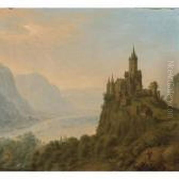 An Extensive Mountainous Landscape With A Castle On A Hill Top Oil Painting by Jan Griffier I