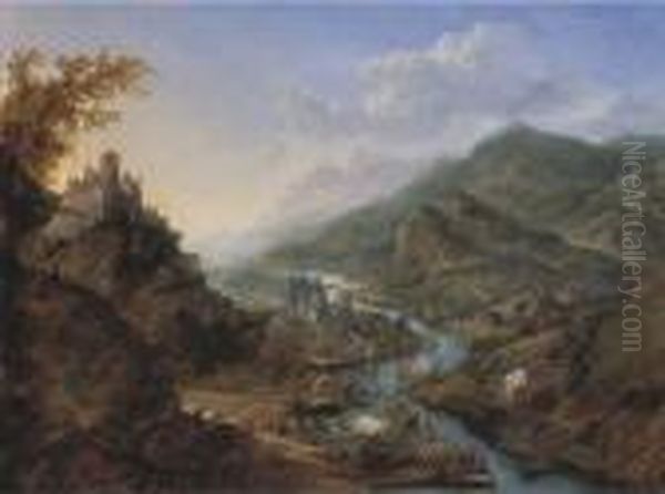 A Rhenish Landscape With Travellers And Figures On Moored Boatsnear A Castle On A Hill Oil Painting by Jan Griffier I