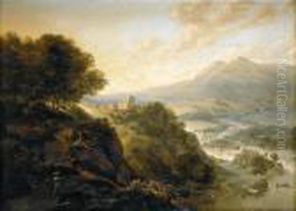 An Extensive Mountainous River 
Landscape With Peasants Resting By A Path, A Small Fortified Town In A 
Valley Beyond Oil Painting by Jan Griffier I